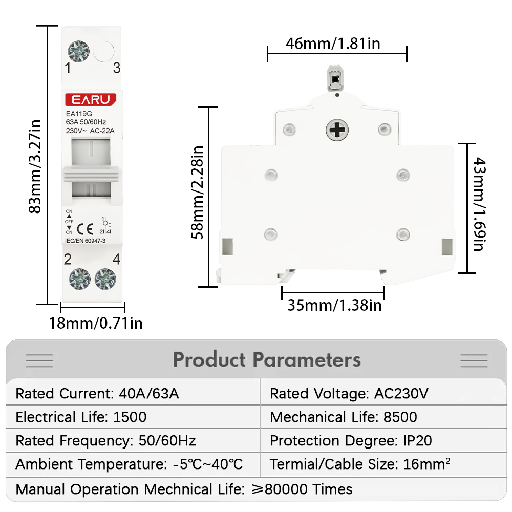 1P 40A 63A AC230V 50/60Hz Din  - Din Rail Circuit Breaker avis et prix
